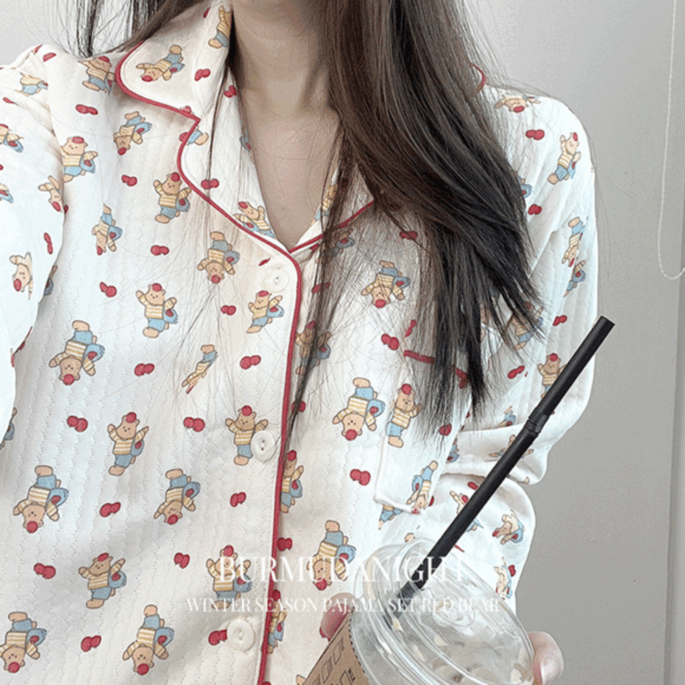 [💌당일/누빔] 레드 곰돌이 겨울 긴팔 여성 캐릭터 가디건 파자마 잠옷 상하 세트  #125